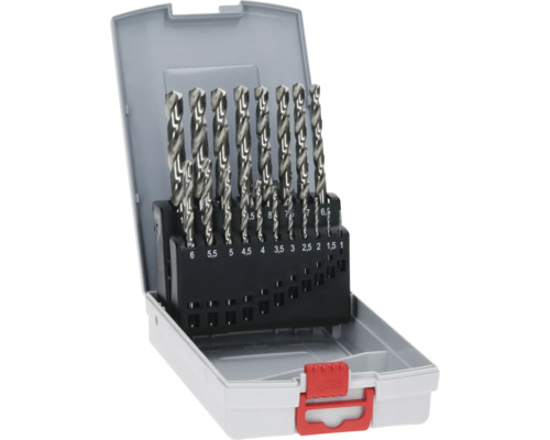 Bosch HSS-G 135 Kassette Pro Box 19-tlg Spiralbohrer-Set aus Stahl in einer grauen Kunststoffbox mit rotem Verschluss und Größenmarkierungen.