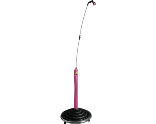 Mobile Gartendusche mit pinkfarbenem Griff und schwarzem Sockel