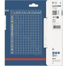 Verso de l emballage d une lame de scie circulaire Bosch Expert avec tableau des matériaux, symboles de sécurité et Bosch Logo.