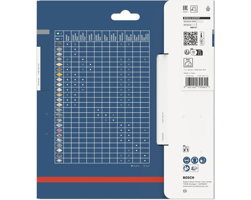 Verso de l emballage d une lame de scie circulaire Bosch Expert avec tableau des matériaux, symboles de sécurité et Bosch Logo.