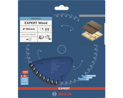 Lame de scie circulaire Bosch Expert Wood, diamètre 160 millimètres, alésage 20 millimètres, 48 dents, pour bois, longue durée, Carbide Technology.