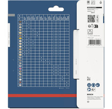 Dos de l'emballage Bosch Expert avec tableau de compatibilité des matériaux, symboles de sécurité et Bosch Logo.