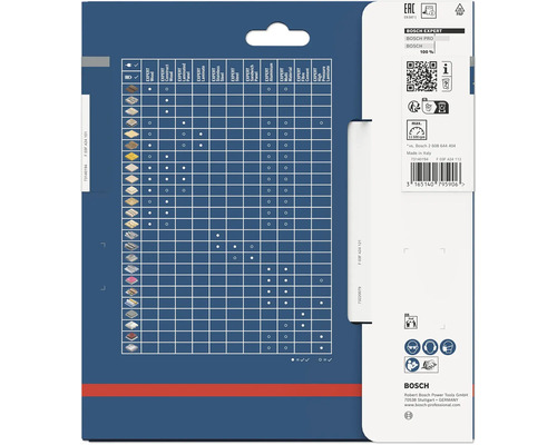 Dos de l'emballage Bosch Expert avec tableau de compatibilité des matériaux, symboles de sécurité et Bosch Logo.
