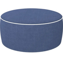 Runder, blauer Sitzpouf mit weißer Keder