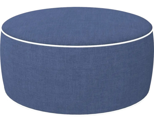 Runder, blauer Sitzpouf mit weißer Keder