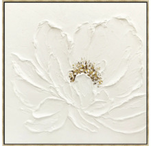 Gemälde mit weisser Blume und goldenen Akzenten im Rahmen