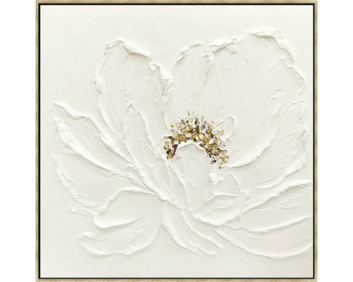 Gemälde mit weisser Blume und goldenen Akzenten im Rahmen