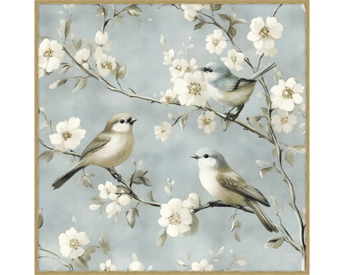 Peinture avec oiseaux et branches de fleurs encadrée