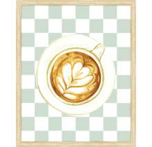 Gemälde einer Tasse Kaffee mit Herzdesign im Holzrahmen