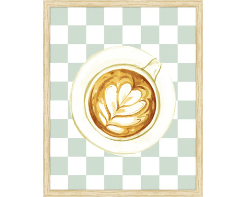 Gemälde einer Tasse Kaffee mit Herzdesign im Holzrahmen