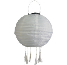 Lanterne en papier blanche avec franges et anse métallique pour la suspendre