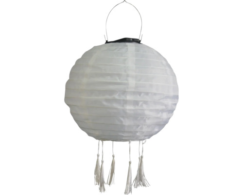 Lanterne en papier blanche avec franges et anse métallique pour la suspendre