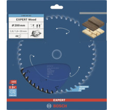 Lame de scie Bosch Expert Wood, diamètre 200 millimètres, 48 dents, technologie Carbide pour une longue durée de vie dans le bois.