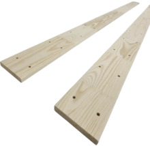 Zwei Holzbretter mit vorgebohrten Löchern für Saunabänke oder Holzkonstruktionen.