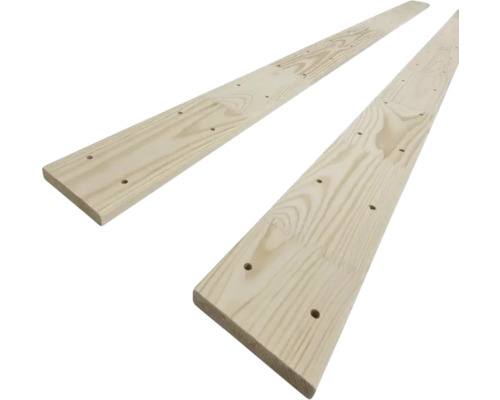 Zwei Holzbretter mit vorgebohrten Löchern für Saunabänke oder Holzkonstruktionen.