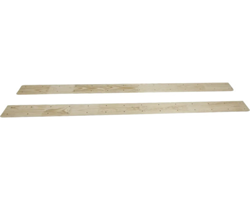 Zwei Holzbretter mit vorgebohrten Löchern und sichtbarer Holzmaserung.