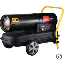 Mobiler Ölheizer mit Fahrgestell und Rädern für den professionellen Einsatz in Werkstatt und Lager. (Image AI modified or generated)