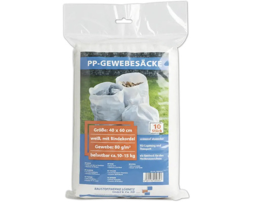 PP-Gewebesäcke, 40 x 60 cm, weiß, mit Bindekordel, Gewebe 80 g/m², belastbar circa 10 bis 15 kg, 10 Stück