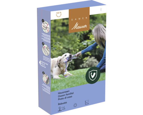 Semences de gazon Samen Mauser Robusta pour environ 50 mètres carrés avec image d une femme et d un chien sur une pelouse.