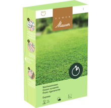 Samen Mauser Gazon sursemis Express pour 50 mètres carrés avec illustration d'une pelouse et instructions d'ouverture.