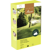 Emballage de gazon d'ombre Samen Mauser pour 50 mètres carrés avec illustration d'un jardin, instructions d'utilisation et symbole pour l'ombre.