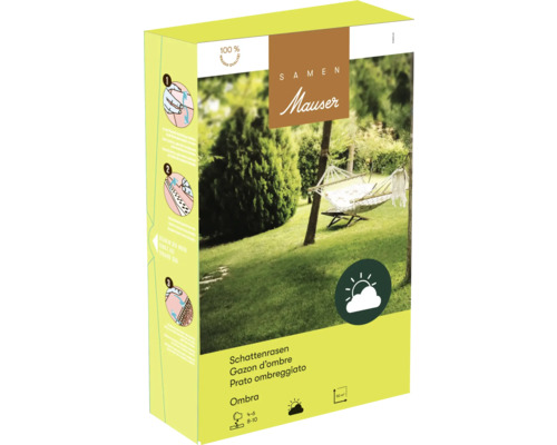 Emballage de gazon d'ombre Samen Mauser pour 50 mètres carrés avec illustration d'un jardin, instructions d'utilisation et symbole pour l'ombre.