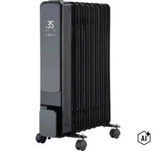 Mobiler Ölradiator mit digitalem Display, 35 Grad Celsius Einstellung und Rollen zur flexiblen Beheizung von Innenräumen. (Image AI modified or generated)