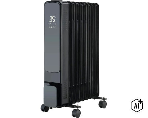 Mobiler Ölradiator mit digitalem Display, 35 Grad Celsius Einstellung und Rollen zur flexiblen Beheizung von Innenräumen. (Image AI modified or generated)