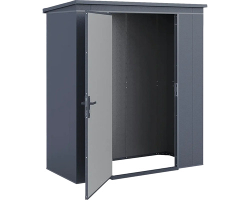 Abri de jardin en métal avec toit en pente et une porte ouverte.