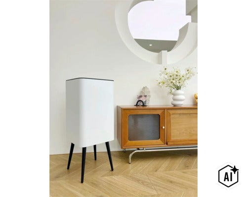 Purificateur d'air moderne sur pieds hauts dans un salon lumineux à côté d'un buffet en bois avec un vase décoratif. (Image AI modified or generated)