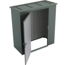 Armoire de jardin en métal avec une porte ouverte et toit plat