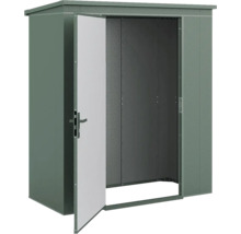 Abri de jardin en métal vert foncé avec toit en pente et une porte ouverte.