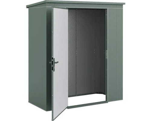 Abri de jardin en métal vert foncé avec toit en pente et une porte ouverte.