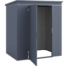 Abri de jardin en métal avec toit en pente et une porte ouverte, anthracite.