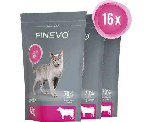 Trois paquets d'aliments pour chats Finevo Sensitive au bœuf, 85 grammes, lot de 16