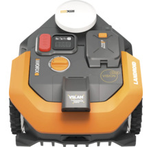 Robot tondeuse Worx Landroid avec panneau de commande, bouton d'arrêt, batterie et technologie VSLAM