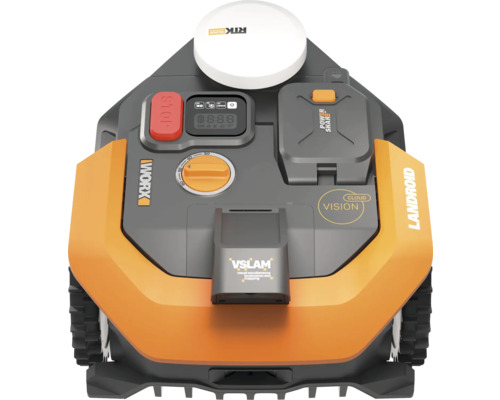 Robot tondeuse Worx Landroid avec panneau de commande, bouton d'arrêt, batterie et technologie VSLAM