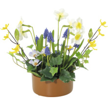 Blumenarrangement mit Narzissen, Traubenhyazinthen und gelben Zierblüten im Topf