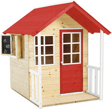 Spielhaus aus Holz mit rotem Dach, Tür und Fenstern