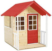 Spielhaus aus Holz mit rotem Dach, Tür und Fensterrahmen