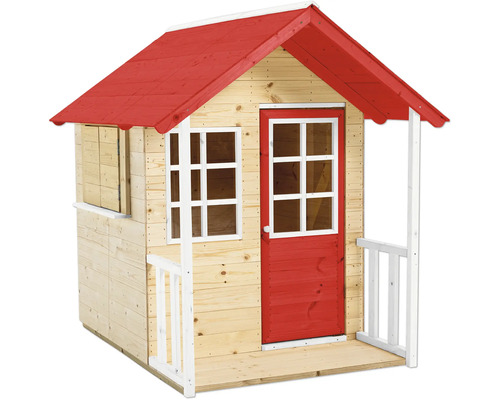 Spielhaus aus Holz mit rotem Dach, Tür und Fensterrahmen