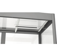 Vue détaillée d'une structure de serre avec mécanisme d'ouverture de fenêtre