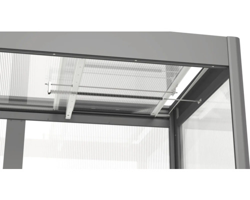 Vue détaillée d'une fenêtre de serre avec mécanisme à ressort