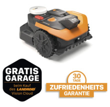 Worx Landroid Vision Mähroboter mit Aktionshinweisen zu kostenloser Garage und Zufriedenheitsgarantie