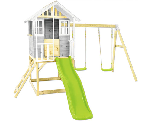 Spielhaus mit Rutsche und Schaukel aus Holz
