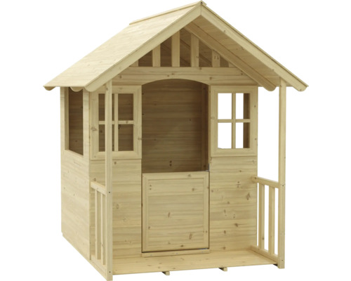 Holzspielhaus mit Dach, Fenstern, Tür und Veranda