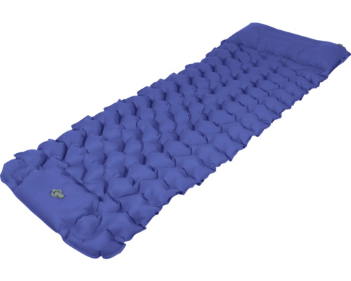 Aufblasbare Isomatte in Blau mit integriertem Kissen und strukturierter Oberfläche für Camping und Outdoor.