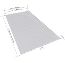 Plaque profilée mesurant 1045 millimètres de large, 980 millimètres de largeur de recouvrement, 1500 à 6000 millimètres de long, 76 millimètres d'espacement et 18 millimètres d'épaisseur