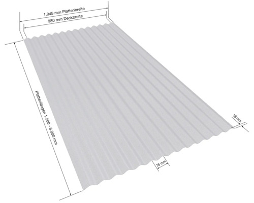 Plaque profilée mesurant 1045 millimètres de large, 980 millimètres de largeur de recouvrement, 1500 à 6000 millimètres de long, 76 millimètres d'espacement et 18 millimètres d'épaisseur