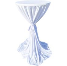 Weiße Stehtischhusse, gerafft mit dekorativer Bindung in der Mitte, bodenlange Ausführung.